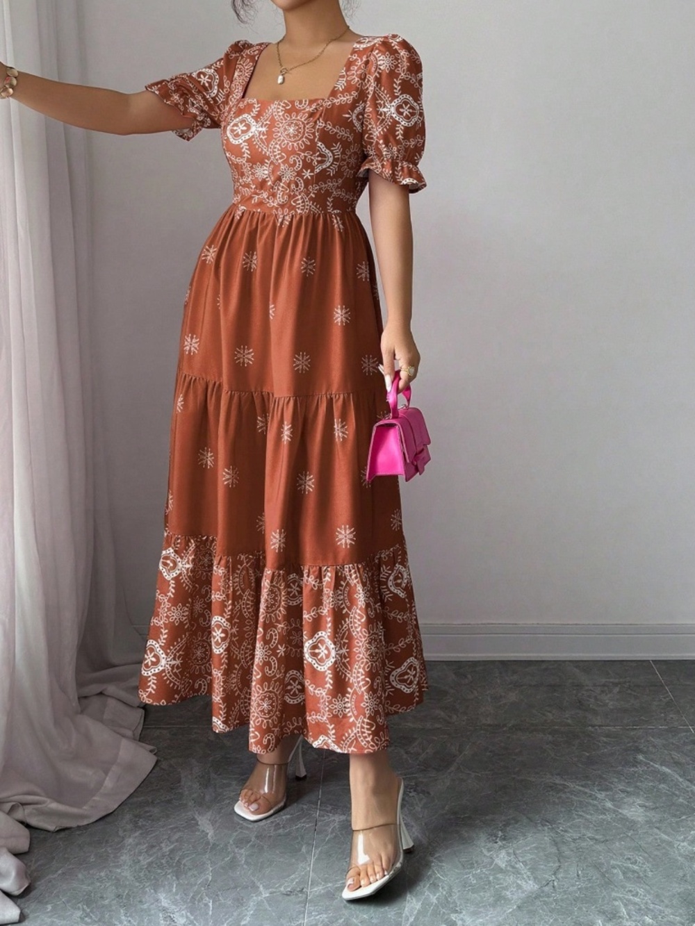 Boho All over print Sauare neck Puff Sleeve Ruffle Hem dress - Picture 7 of 8